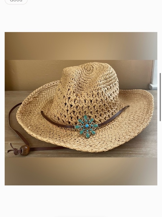 Accessories - Women’s straw woven beachy cowboy hat turquoise detailing in center, chin strap